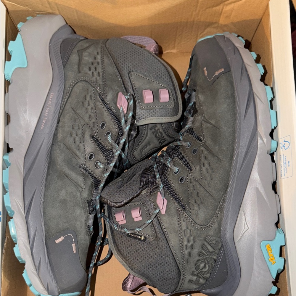 Hoka Women's Lace-Up Hiking Boots in Charcoal with Teal and Pink Accents